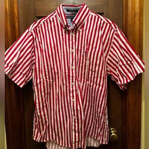 Tommy Hilfiger Red and White Vertical Stripe Short-Sleeve Button-Down Shirt